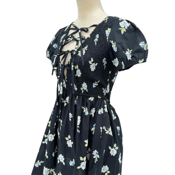 Petal + Pup NWT Winny Black Floral Open Tie Front Smocked Cotton Mini Dress - Picture 11 of 15